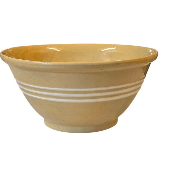 Vintage Yellow Ware Mixing Bowl 3 White Bands Stripes Farmhouse AS IS - Picture 1 of 16